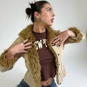 Vintage JKLA Corduroy/Faux Fur Jacket with Brown Fur Trim  Size M